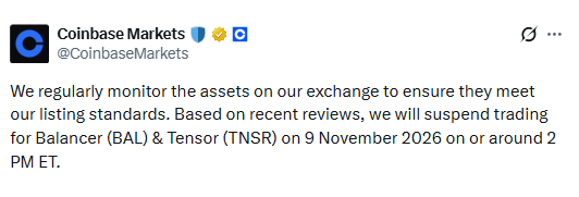 Coinbase暂停BAL和TNSR交易:持有者须知-区块链文库