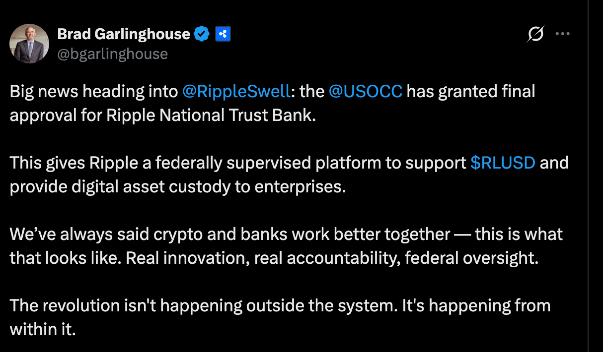 Ripple新闻：OCC批准国家信托银行，XRP触及1.30美元-区块链文库